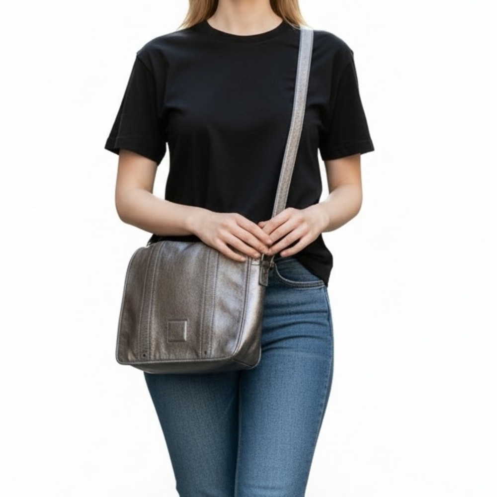 Longchamp Besace En Cuir Silver Leather Flap Shoulder Bag  Like New